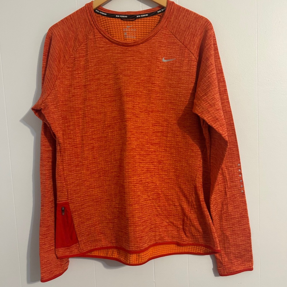 Nike Running Dri-FIT Orange Heather Long Sleeve Top XL Zip Pocket Thumbholes